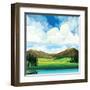 Vector Summer Landscape with Green Flowering Field, Forest, Mountains and Lake on a Blue Cloudy Sky-Natali Snailcat-Framed Art Print