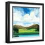 Vector Summer Landscape with Green Flowering Field, Forest, Mountains and Lake on a Blue Cloudy Sky-Natali Snailcat-Framed Art Print