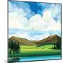 Vector Summer Landscape with Green Flowering Field, Forest, Mountains and Lake on a Blue Cloudy Sky-Natali Snailcat-Mounted Art Print