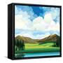 Vector Summer Landscape with Green Flowering Field, Forest, Mountains and Lake on a Blue Cloudy Sky-Natali Snailcat-Framed Stretched Canvas