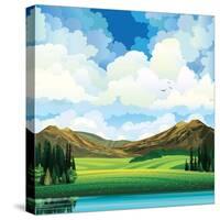 Vector Summer Landscape with Green Flowering Field, Forest, Mountains and Lake on a Blue Cloudy Sky-Natali Snailcat-Stretched Canvas