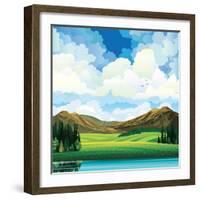 Vector Summer Landscape with Green Flowering Field, Forest, Mountains and Lake on a Blue Cloudy Sky-Natali Snailcat-Framed Art Print