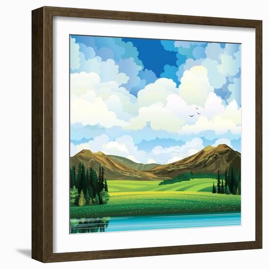 Vector Summer Landscape with Green Flowering Field, Forest, Mountains and Lake on a Blue Cloudy Sky-Natali Snailcat-Framed Art Print