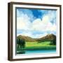 Vector Summer Landscape with Green Flowering Field, Forest, Mountains and Lake on a Blue Cloudy Sky-Natali Snailcat-Framed Art Print
