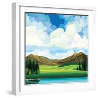 Vector Summer Landscape with Green Flowering Field, Forest, Mountains and Lake on a Blue Cloudy Sky-Natali Snailcat-Framed Art Print