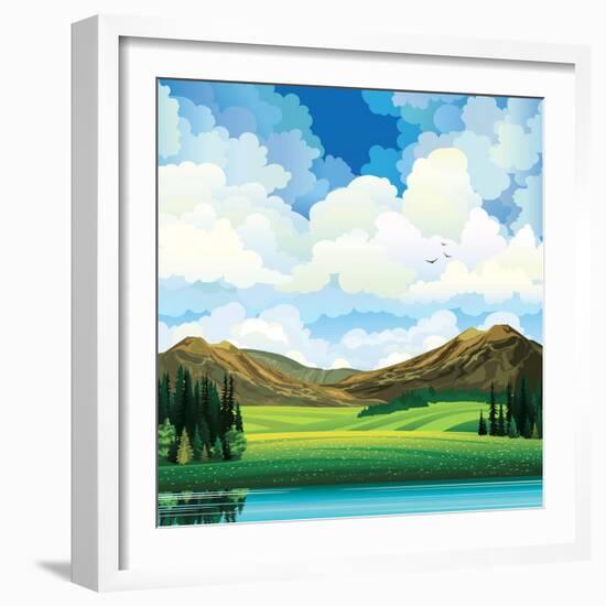 Vector Summer Landscape with Green Flowering Field, Forest, Mountains and Lake on a Blue Cloudy Sky-Natali Snailcat-Framed Art Print