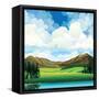 Vector Summer Landscape with Green Flowering Field, Forest, Mountains and Lake on a Blue Cloudy Sky-Natali Snailcat-Framed Stretched Canvas