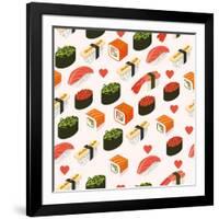 Vector Sushi Menu Template with Philadelphia Roll, California Roll, Sake Nigiri, Tamago Nigiri Isol-Svetlana Maslova-Framed Art Print