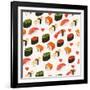 Vector Sushi Menu Template with Philadelphia Roll, California Roll, Sake Nigiri, Tamago Nigiri Isol-Svetlana Maslova-Framed Art Print