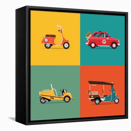Vector Trendy Flat Design Icons on Small City and Urban Exploring and Visiting Tours Transport Vehi-Mascha Tace-Framed Stretched Canvas