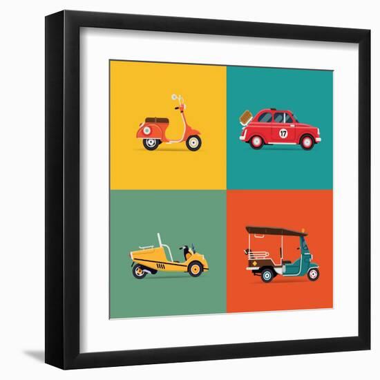 Vector Trendy Flat Design Icons on Small City and Urban Exploring and Visiting Tours Transport Vehi-Mascha Tace-Framed Art Print