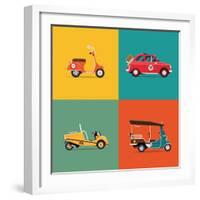 Vector Trendy Flat Design Icons on Small City and Urban Exploring and Visiting Tours Transport Vehi-Mascha Tace-Framed Art Print