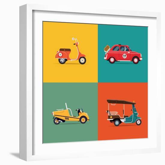 Vector Trendy Flat Design Icons on Small City and Urban Exploring and Visiting Tours Transport Vehi-Mascha Tace-Framed Art Print