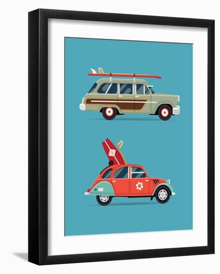 Vector Trendy Flat Design Recreational Vehicle Icons on Surf Travel with Old Classic Vintage Europe-Mascha Tace-Framed Art Print