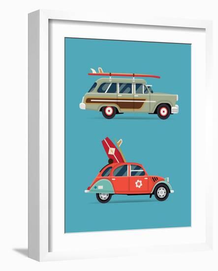 Vector Trendy Flat Design Recreational Vehicle Icons on Surf Travel with Old Classic Vintage Europe-Mascha Tace-Framed Art Print