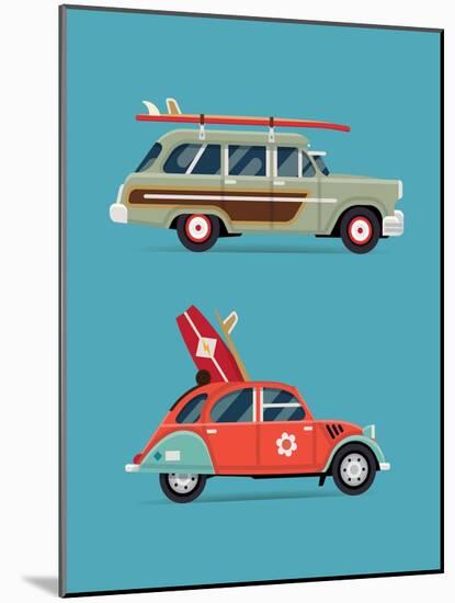 Vector Trendy Flat Design Recreational Vehicle Icons on Surf Travel with Old Classic Vintage Europe-Mascha Tace-Mounted Art Print