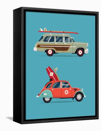 Vector Trendy Flat Design Recreational Vehicle Icons on Surf Travel with Old Classic Vintage Europe-Mascha Tace-Framed Stretched Canvas
