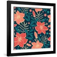 Vector Vibrant Tropical Hibiscus Flowers Seamless Pattern Background-Oksancia-Framed Art Print