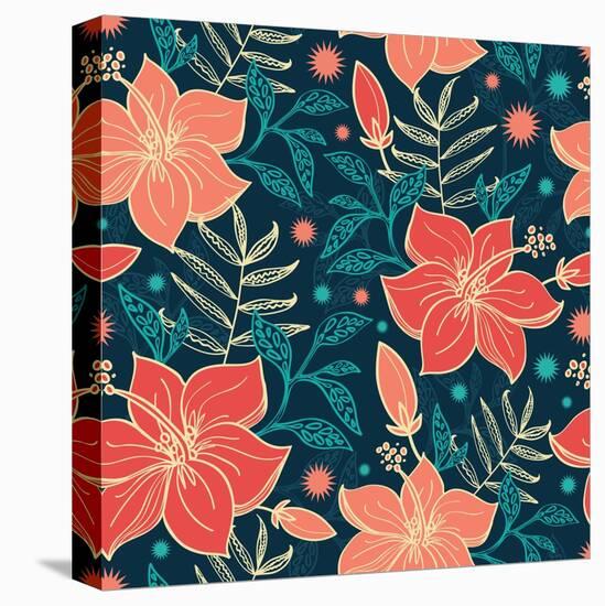 Vector Vibrant Tropical Hibiscus Flowers Seamless Pattern Background-Oksancia-Stretched Canvas