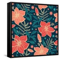 Vector Vibrant Tropical Hibiscus Flowers Seamless Pattern Background-Oksancia-Framed Stretched Canvas