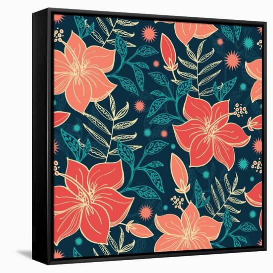 Vector Vibrant Tropical Hibiscus Flowers Seamless Pattern Background-Oksancia-Framed Stretched Canvas