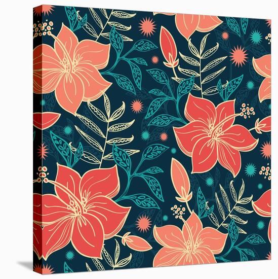 Vector Vibrant Tropical Hibiscus Flowers Seamless Pattern Background-Oksancia-Stretched Canvas