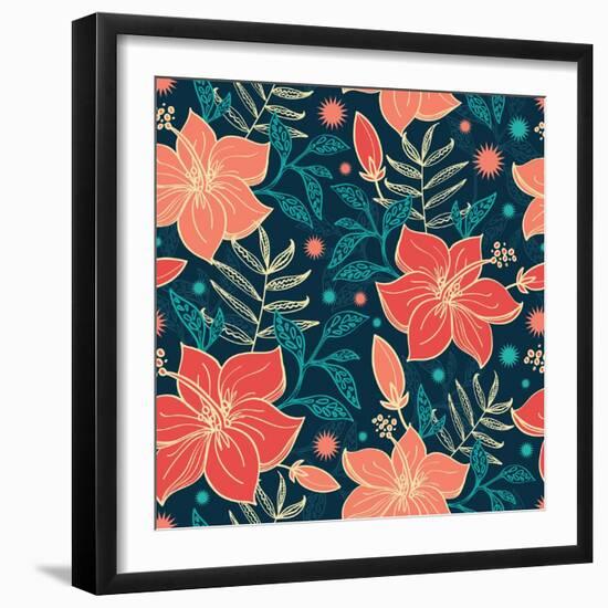 Vector Vibrant Tropical Hibiscus Flowers Seamless Pattern Background-Oksancia-Framed Art Print