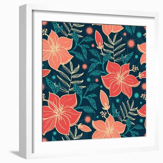 Vector Vibrant Tropical Hibiscus Flowers Seamless Pattern Background-Oksancia-Framed Art Print