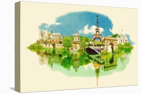 Vector Watercolor Illustration of Panoramic Paris-trentemoller-Stretched Canvas