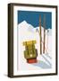 Vector Winter Themed Template with Wooden Old Fashioned Skis, Poles and Green Backpack in the Snow-Mascha Tace-Framed Art Print