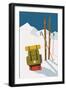 Vector Winter Themed Template with Wooden Old Fashioned Skis, Poles and Green Backpack in the Snow-Mascha Tace-Framed Art Print