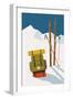 Vector Winter Themed Template with Wooden Old Fashioned Skis, Poles and Green Backpack in the Snow-Mascha Tace-Framed Art Print