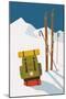 Vector Winter Themed Template with Wooden Old Fashioned Skis, Poles and Green Backpack in the Snow-Mascha Tace-Mounted Art Print