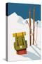 Vector Winter Themed Template with Wooden Old Fashioned Skis, Poles and Green Backpack in the Snow-Mascha Tace-Stretched Canvas