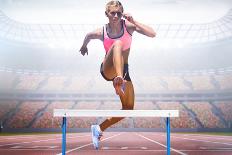 Digital Composite Image of Female Athlete Jumping above the Hurdle against Cityscape Background-vectorfusionart-Stretched Canvas