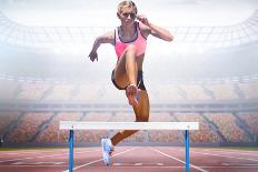 Athletic Woman Practicing Show Jumping against View of a Stadium-vectorfusionart-Framed Photographic Print