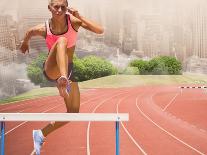 Digital Composite Image of Female Athlete Jumping above the Hurdle against Cityscape Background-vectorfusionart-Framed Photographic Print