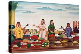 Vegetable and Spice Market at Benares, circa 1840-Indian School-Stretched Canvas