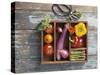 Vegetables in Wooden Crate-James Carrier-Stretched Canvas