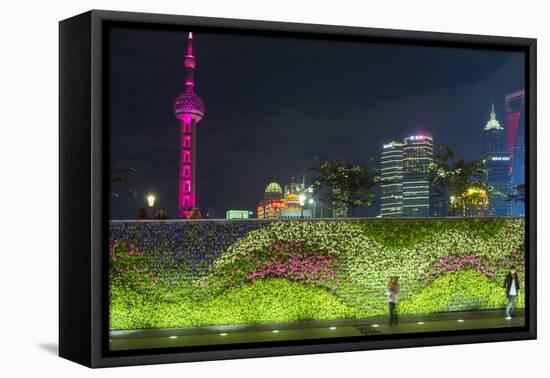 Vegetal Wall on the Bund and View over Pudong Financial District Skyline at Night, Shanghai, China-G & M Therin-Weise-Framed Stretched Canvas