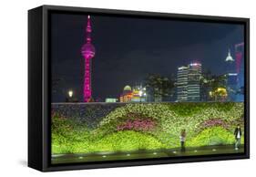 Vegetal Wall on the Bund and View over Pudong Financial District Skyline at Night, Shanghai, China-G & M Therin-Weise-Framed Stretched Canvas