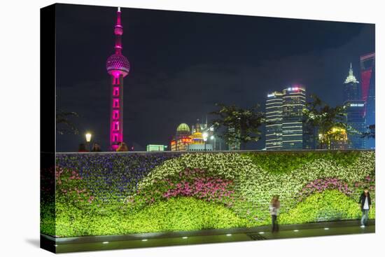 Vegetal Wall on the Bund and View over Pudong Financial District Skyline at Night, Shanghai, China-G & M Therin-Weise-Stretched Canvas