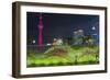 Vegetal Wall on the Bund and View over Pudong Financial District Skyline at Night, Shanghai, China-G & M Therin-Weise-Framed Photographic Print