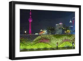Vegetal Wall on the Bund and View over Pudong Financial District Skyline at Night, Shanghai, China-G & M Therin-Weise-Framed Photographic Print