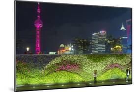 Vegetal Wall on the Bund and View over Pudong Financial District Skyline at Night, Shanghai, China-G & M Therin-Weise-Mounted Photographic Print