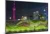 Vegetal Wall on the Bund and View over Pudong Financial District Skyline at Night, Shanghai, China-G & M Therin-Weise-Mounted Photographic Print