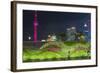 Vegetal Wall on the Bund and View over Pudong Financial District Skyline at Night, Shanghai, China-G & M Therin-Weise-Framed Photographic Print