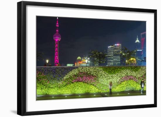 Vegetal Wall on the Bund and View over Pudong Financial District Skyline at Night, Shanghai, China-G & M Therin-Weise-Framed Photographic Print