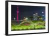 Vegetal Wall on the Bund and View over Pudong Financial District Skyline at Night, Shanghai, China-G & M Therin-Weise-Framed Photographic Print