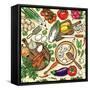 Vegetarian Food Recipes Seamless Pattern with Vegetables and Kitchenware. Colorful Top View Cooking-schiva-Framed Stretched Canvas